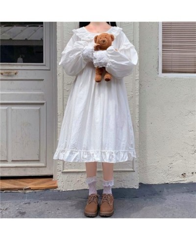 Japanese Autumn Sweety Preppy Style Girly Dress Kawaii Peter Pan Collar Lace Cute Ruffles Full Sleeve Loose A-Line White $61....