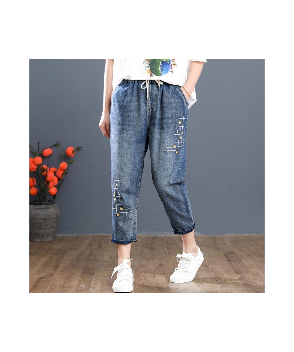 A8451 Women Calf Length Harem Jeans Multi-Style Washed Hole Cartoon Embroidery Casual Daily Drawstring Elastic Waist Denim $5...