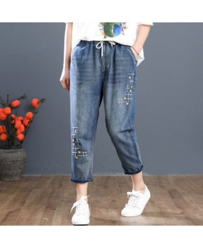 A8451 Women Calf Length Harem Jeans Multi-Style Washed Hole Cartoon Embroidery Casual Daily Drawstring Elastic Waist Denim $5...