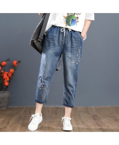 A8451 Women Calf Length Harem Jeans Multi-Style Washed Hole Cartoon Embroidery Casual Daily Drawstring Elastic Waist Denim $5...