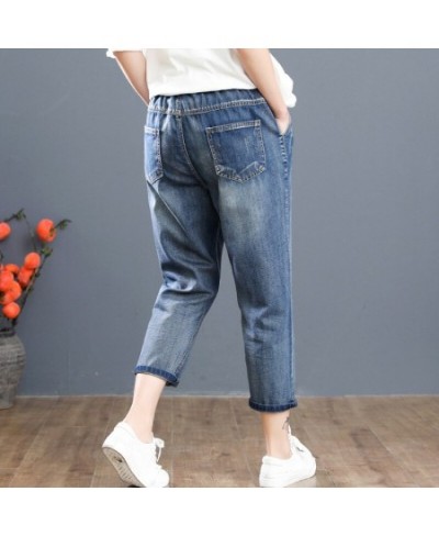 A8451 Women Calf Length Harem Jeans Multi-Style Washed Hole Cartoon Embroidery Casual Daily Drawstring Elastic Waist Denim $5...