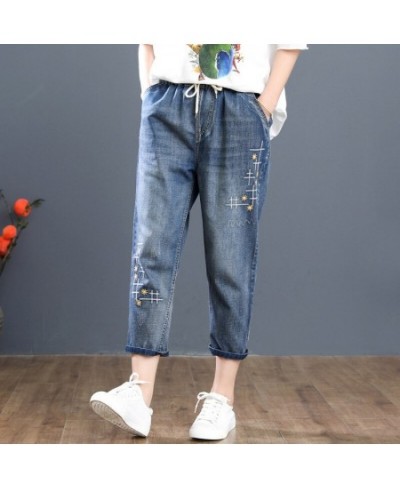 A8451 Women Calf Length Harem Jeans Multi-Style Washed Hole Cartoon Embroidery Casual Daily Drawstring Elastic Waist Denim $5...