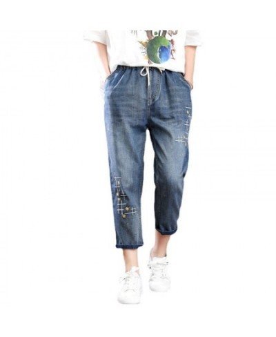 A8451 Women Calf Length Harem Jeans Multi-Style Washed Hole Cartoon Embroidery Casual Daily Drawstring Elastic Waist Denim $5...