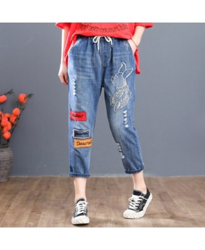 A8451 Women Calf Length Harem Jeans Multi-Style Washed Hole Cartoon Embroidery Casual Daily Drawstring Elastic Waist Denim $5...