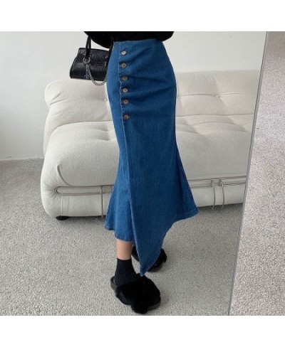 High waist Korean version of breasted denim skirt female irregular mid-long hip fishtail skirt autumn and winter $47.54 - Skirts