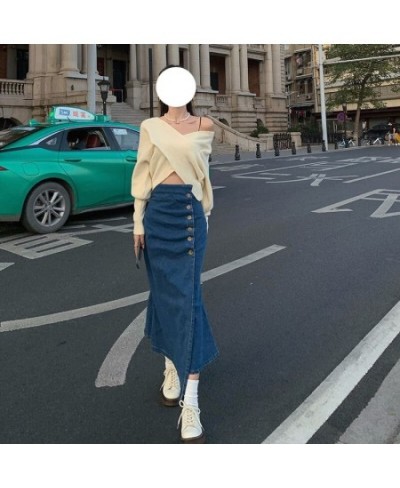 High waist Korean version of breasted denim skirt female irregular mid-long hip fishtail skirt autumn and winter $47.54 - Skirts