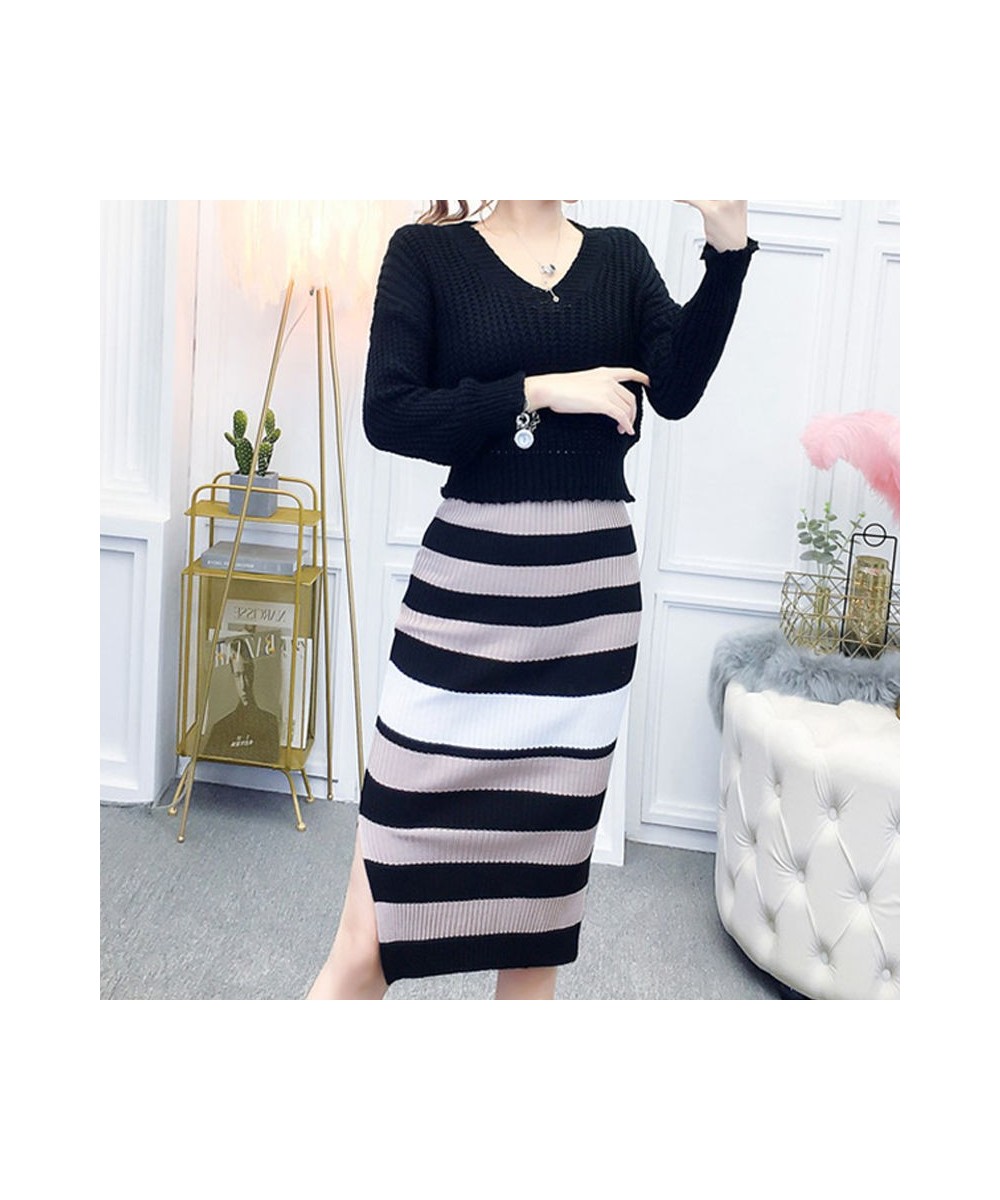 Autumn Knitted V-neck Vest + Striped Dress Two-piece Set 2022 Autumn Elastic Waistband Slim Women's Suit Sweater with Skirt $...