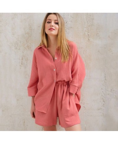 100% Cotton Two Piece Set Women Shorts Suit Lapel Shirts Sets Female Elegant Casual High Waist Pants Lady Outfits Summer $51....