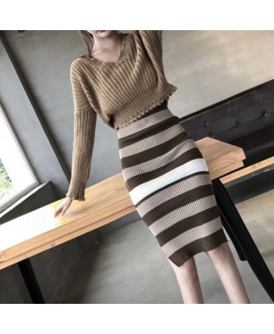 Autumn Knitted V-neck Vest + Striped Dress Two-piece Set 2022 Autumn Elastic Waistband Slim Women's Suit Sweater with Skirt $...