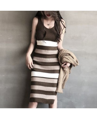 Autumn Knitted V-neck Vest + Striped Dress Two-piece Set 2022 Autumn Elastic Waistband Slim Women's Suit Sweater with Skirt $...