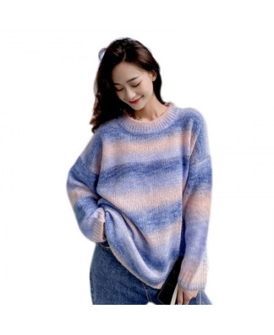 Women Autumn Long Sleeve Sweater Harajuku Gradient Rainbow Candy Color Striped Jumpers Oversized Pullover Knitwear Tops $39.3...