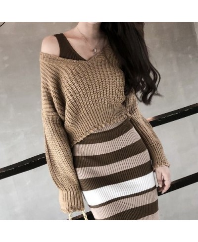 Autumn Knitted V-neck Vest + Striped Dress Two-piece Set 2022 Autumn Elastic Waistband Slim Women's Suit Sweater with Skirt $...