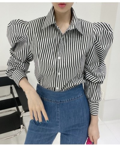 Blouse Women Shirts Striped Button Up Shirt White Turn-Down Collar 2023 Korean Fashion Tops Puff Sleeve Vintage Clothes $43.7...