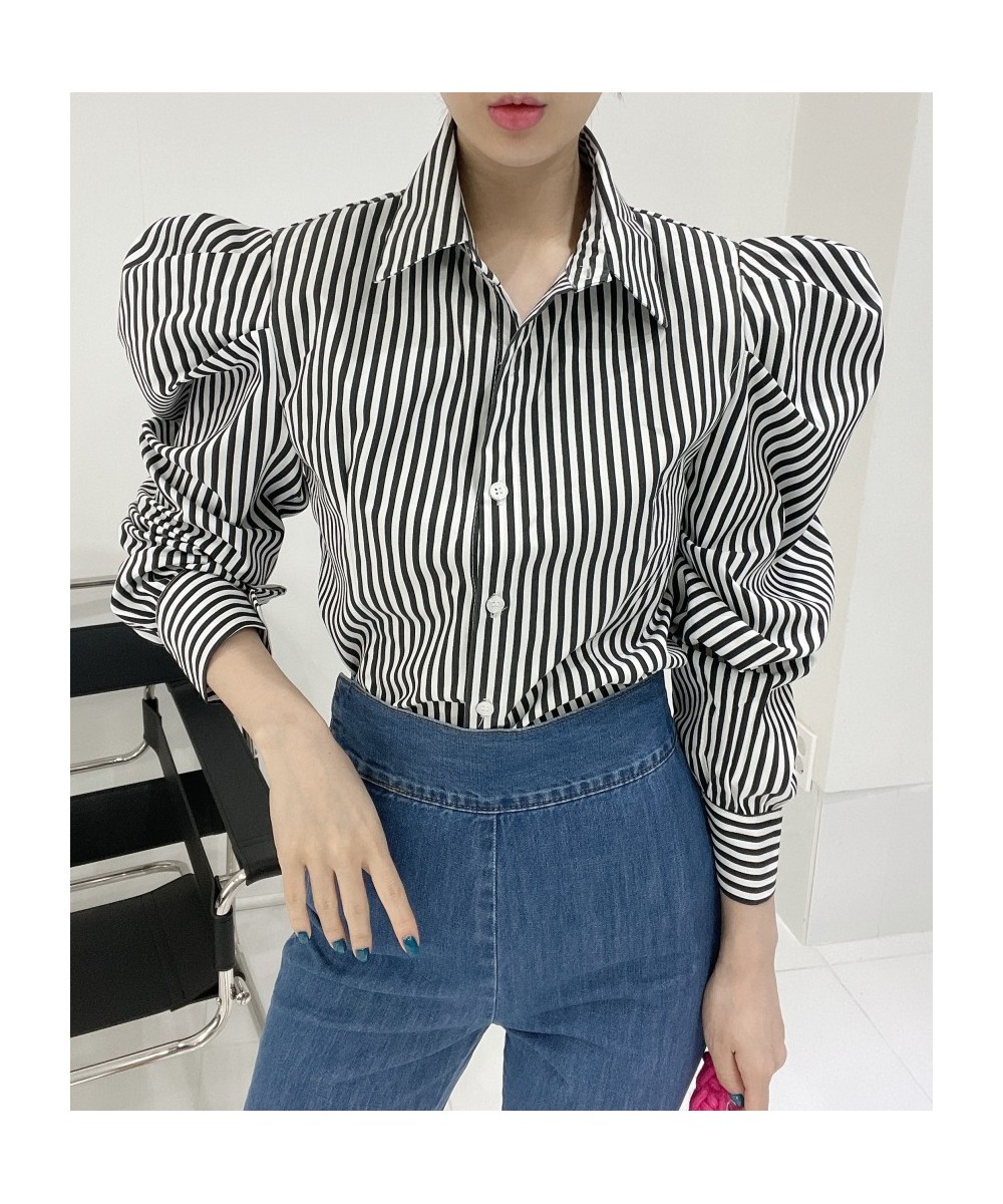 Blouse Women Shirts Striped Button Up Shirt White Turn-Down Collar 2023 Korean Fashion Tops Puff Sleeve Vintage Clothes $43.7...