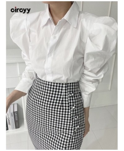 Blouse Women Shirts Striped Button Up Shirt White Turn-Down Collar 2023 Korean Fashion Tops Puff Sleeve Vintage Clothes $43.7...