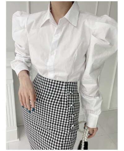 Blouse Women Shirts Striped Button Up Shirt White Turn-Down Collar 2023 Korean Fashion Tops Puff Sleeve Vintage Clothes $43.7...