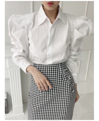 Blouse Women Shirts Striped Button Up Shirt White Turn-Down Collar 2023 Korean Fashion Tops Puff Sleeve Vintage Clothes $43.7...