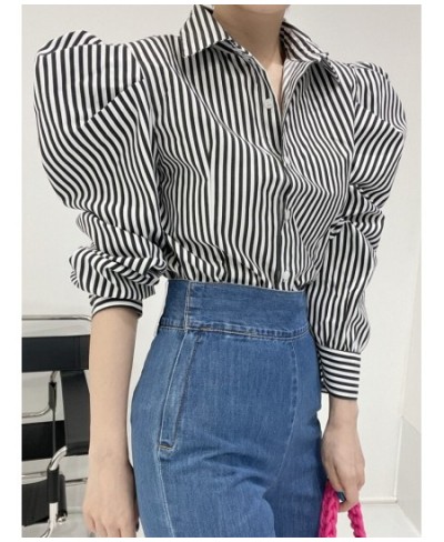 Blouse Women Shirts Striped Button Up Shirt White Turn-Down Collar 2023 Korean Fashion Tops Puff Sleeve Vintage Clothes $43.7...