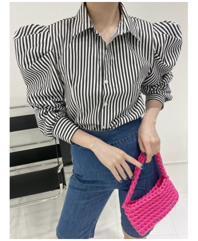 Blouse Women Shirts Striped Button Up Shirt White Turn-Down Collar 2023 Korean Fashion Tops Puff Sleeve Vintage Clothes $43.7...