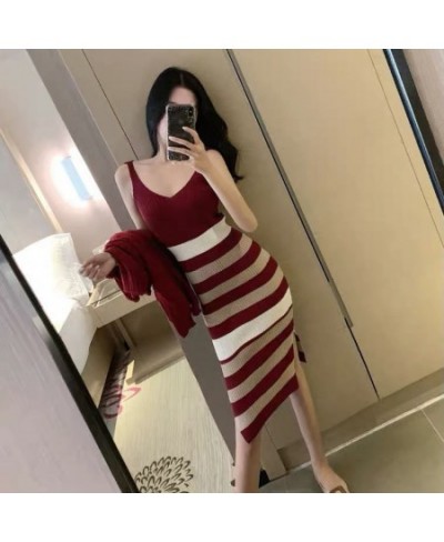 Autumn Knitted V-neck Vest + Striped Dress Two-piece Set 2022 Autumn Elastic Waistband Slim Women's Suit Sweater with Skirt $...