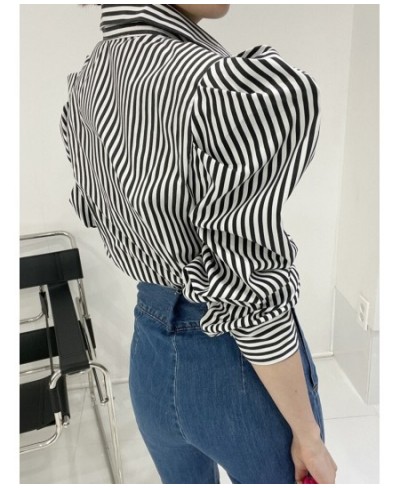 Blouse Women Shirts Striped Button Up Shirt White Turn-Down Collar 2023 Korean Fashion Tops Puff Sleeve Vintage Clothes $43.7...