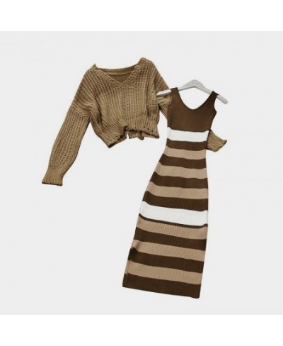 Autumn Knitted V-neck Vest + Striped Dress Two-piece Set 2022 Autumn Elastic Waistband Slim Women's Suit Sweater with Skirt $...