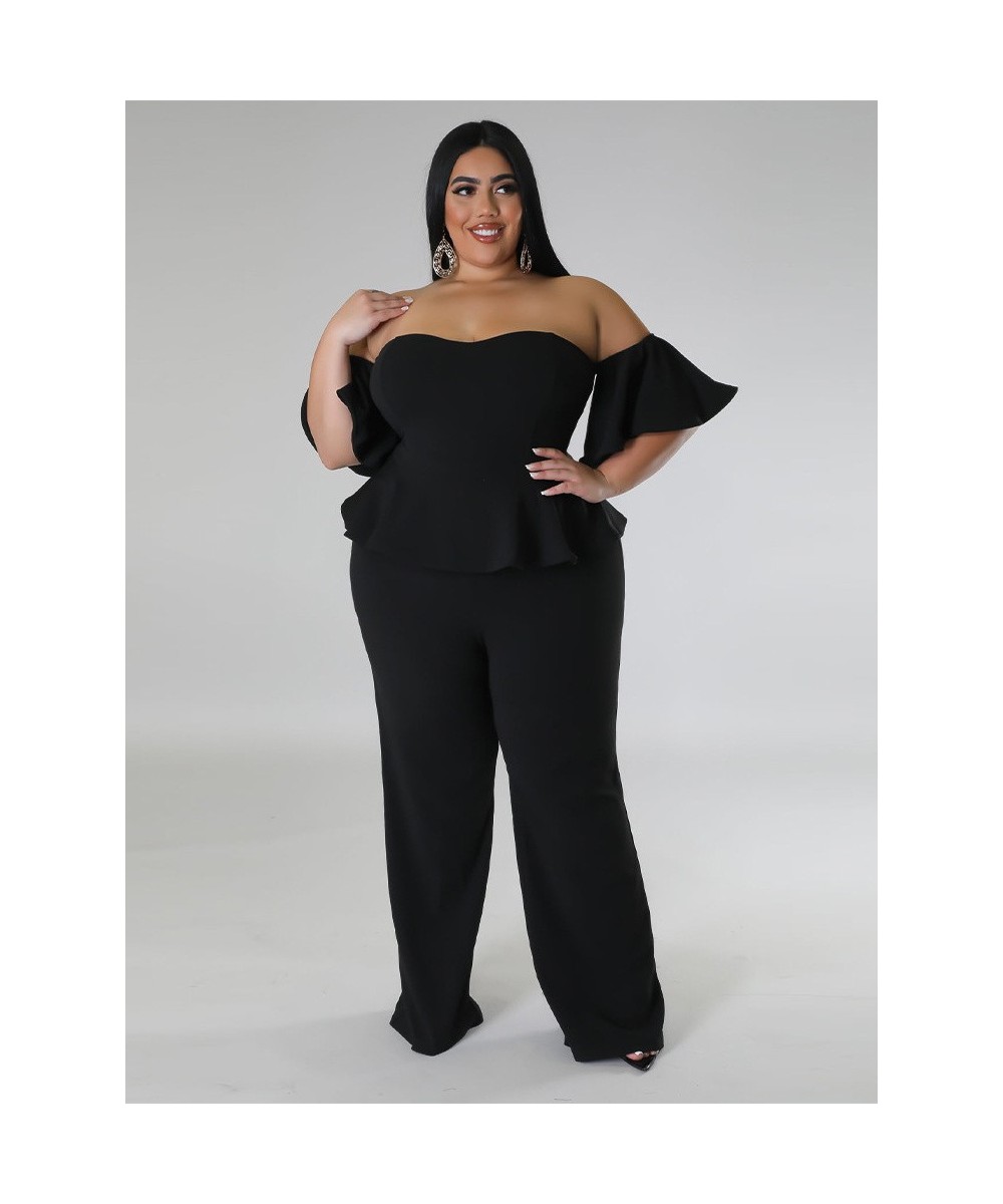 Plus Size Jumpsuit Women 2023 Solid Off Shoulder Ruffles Short Sleeve Wide Leg Pants Bodysuit Wholesale $45.54 - Plus Size Cl...