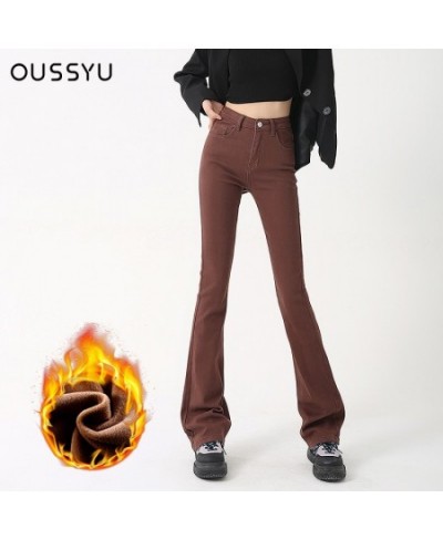 2023 New Winter Fleece Warm Flared Jeans Women Lengthen Brown Skinny Pants Streetwear Vintage Flocking Lengthen Trousers Fema...