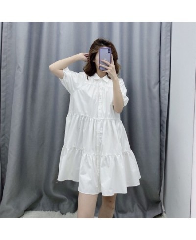 Spring New Cotton Lapel Breasted black white Solid Color Dress Wide Swing Cotton Shirt Collar Midi Dress $43.30 - Bottoms