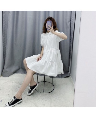 Spring New Cotton Lapel Breasted black white Solid Color Dress Wide Swing Cotton Shirt Collar Midi Dress $43.30 - Bottoms