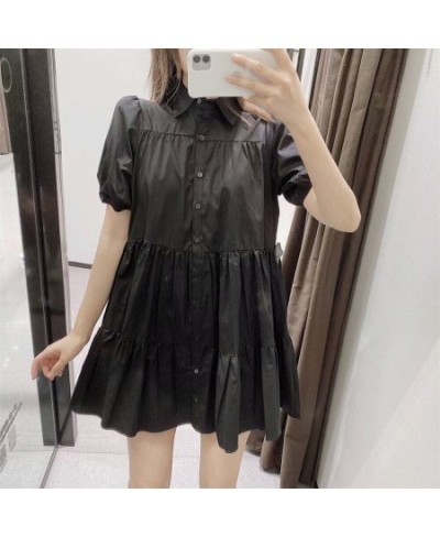 Spring New Cotton Lapel Breasted black white Solid Color Dress Wide Swing Cotton Shirt Collar Midi Dress $43.30 - Bottoms