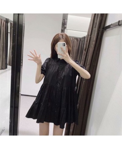 Spring New Cotton Lapel Breasted black white Solid Color Dress Wide Swing Cotton Shirt Collar Midi Dress $43.30 - Bottoms