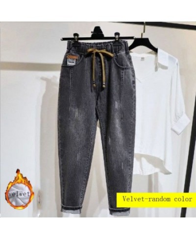 High Elastic Waist Hemming Boyfriend Loose Ripped Harem Jeans Mom Light Blue Cuffed Casual Ankle length Capris Baggy Denim $4...