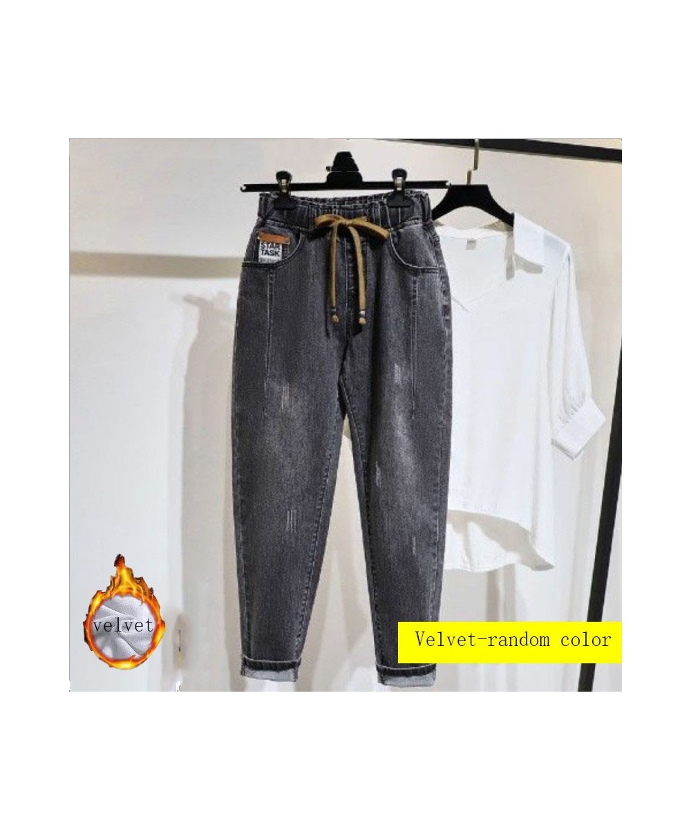 High Elastic Waist Hemming Boyfriend Loose Ripped Harem Jeans Mom Light Blue Cuffed Casual Ankle length Capris Baggy Denim $4...