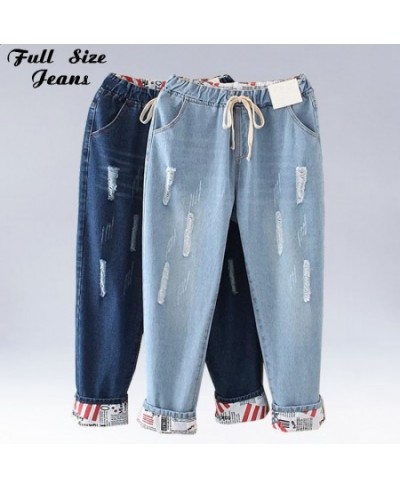 High Elastic Waist Hemming Boyfriend Loose Ripped Harem Jeans Mom Light Blue Cuffed Casual Ankle length Capris Baggy Denim $4...