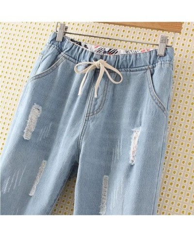 High Elastic Waist Hemming Boyfriend Loose Ripped Harem Jeans Mom Light Blue Cuffed Casual Ankle length Capris Baggy Denim $4...