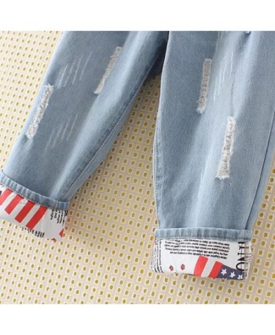 High Elastic Waist Hemming Boyfriend Loose Ripped Harem Jeans Mom Light Blue Cuffed Casual Ankle length Capris Baggy Denim $4...