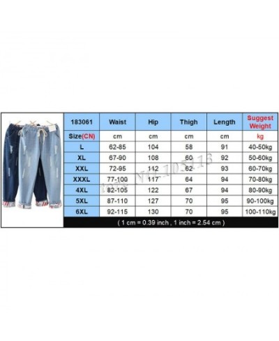 High Elastic Waist Hemming Boyfriend Loose Ripped Harem Jeans Mom Light Blue Cuffed Casual Ankle length Capris Baggy Denim $4...