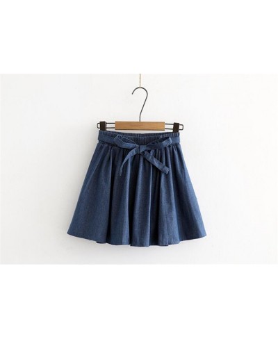 Casual High Waist Denim Skirt Women Loose Mini Pleated Skirt Girls 2023 Sweet Summer Jeans Skirt With Sashes $40.31 - Skirts