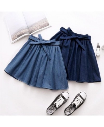 Casual High Waist Denim Skirt Women Loose Mini Pleated Skirt Girls 2023 Sweet Summer Jeans Skirt With Sashes $40.31 - Skirts