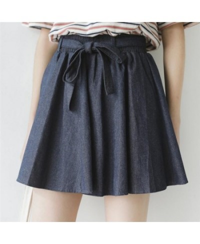 Casual High Waist Denim Skirt Women Loose Mini Pleated Skirt Girls 2023 Sweet Summer Jeans Skirt With Sashes $40.31 - Skirts