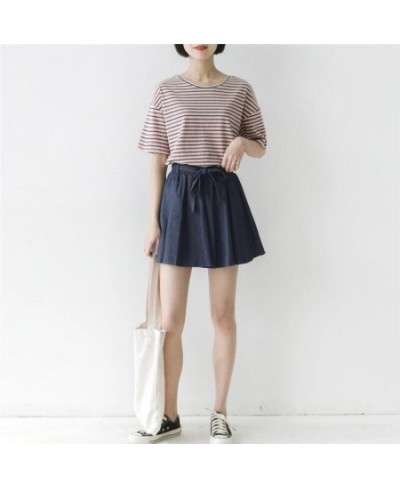 Casual High Waist Denim Skirt Women Loose Mini Pleated Skirt Girls 2023 Sweet Summer Jeans Skirt With Sashes $40.31 - Skirts