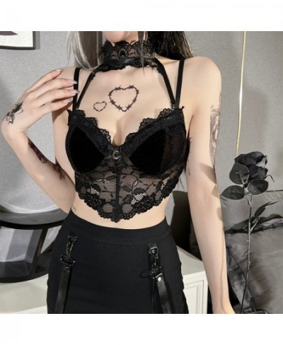 Vintage Tops Goth T-shirt Women Bodycon Bandage Lace Black T-shirts Gothic Streetwear Sexy $28.79 - Tops & Tees