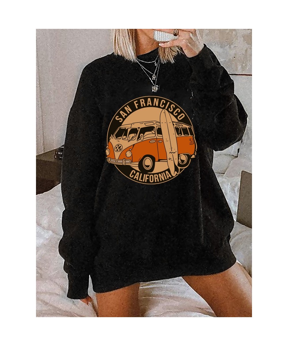 San Francisco California Print Women Sweatshirts Vintage Buses Oversized Crewneck Tops Woman Drop-shoulder Pullovers $32.78 -...