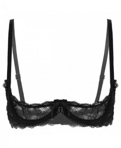 Womens Sexy Lace Bra Tops Brassiere See Through Sheer Spaghetti Straps 1/4 Cups Push Up Underwire Bralette Underwear Lingerie...