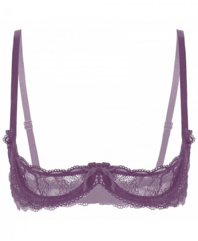 Womens Sexy Lace Bra Tops Brassiere See Through Sheer Spaghetti Straps 1/4 Cups Push Up Underwire Bralette Underwear Lingerie...