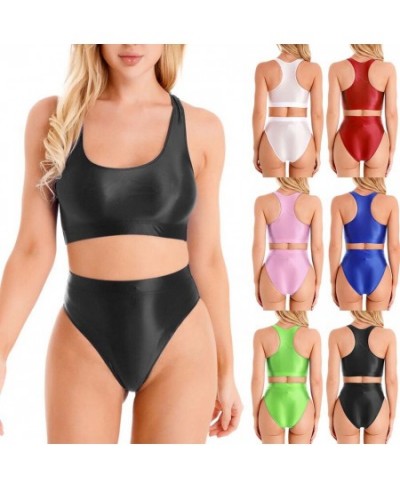 Women Sleeveless Crop Top High Waist Briefs Set Oil Shiny Seamless Lingerie Glossy Smooth Short T-Shirt 2Pcs Casual Swimwear ...