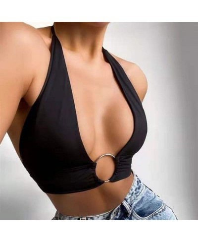 Womens Sexy Sleeveless Ring Linked Vest Halter Short Tank Tops Backless Ring Connect Slim Fit Vest Casual Style Tops Slim Top...