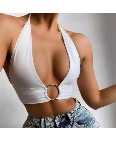 Womens Sexy Sleeveless Ring Linked Vest Halter Short Tank Tops Backless Ring Connect Slim Fit Vest Casual Style Tops Slim Top...