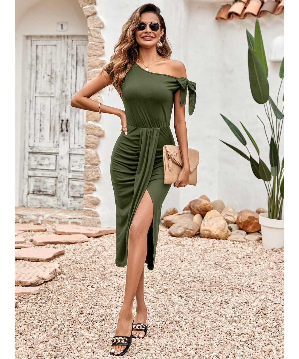 Spring/summer 2023 Women's Casual Knitted Dress with Oblique Neck and Waist Split Summer Dress Women $38.41 - Dresses